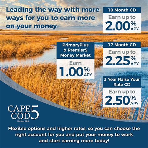 Cape cod savings - Interest is compounded monthly on all accounts. Fees on your account could reduce earnings. Certificates of Deposit are subject to penalty for early withdrawal of principal. Cannot be combined with any other offers. **5-month and 8-month CDs are not available as IRAs. Our CD accounts offer guaranteed earnings and the peace of mind that comes ...